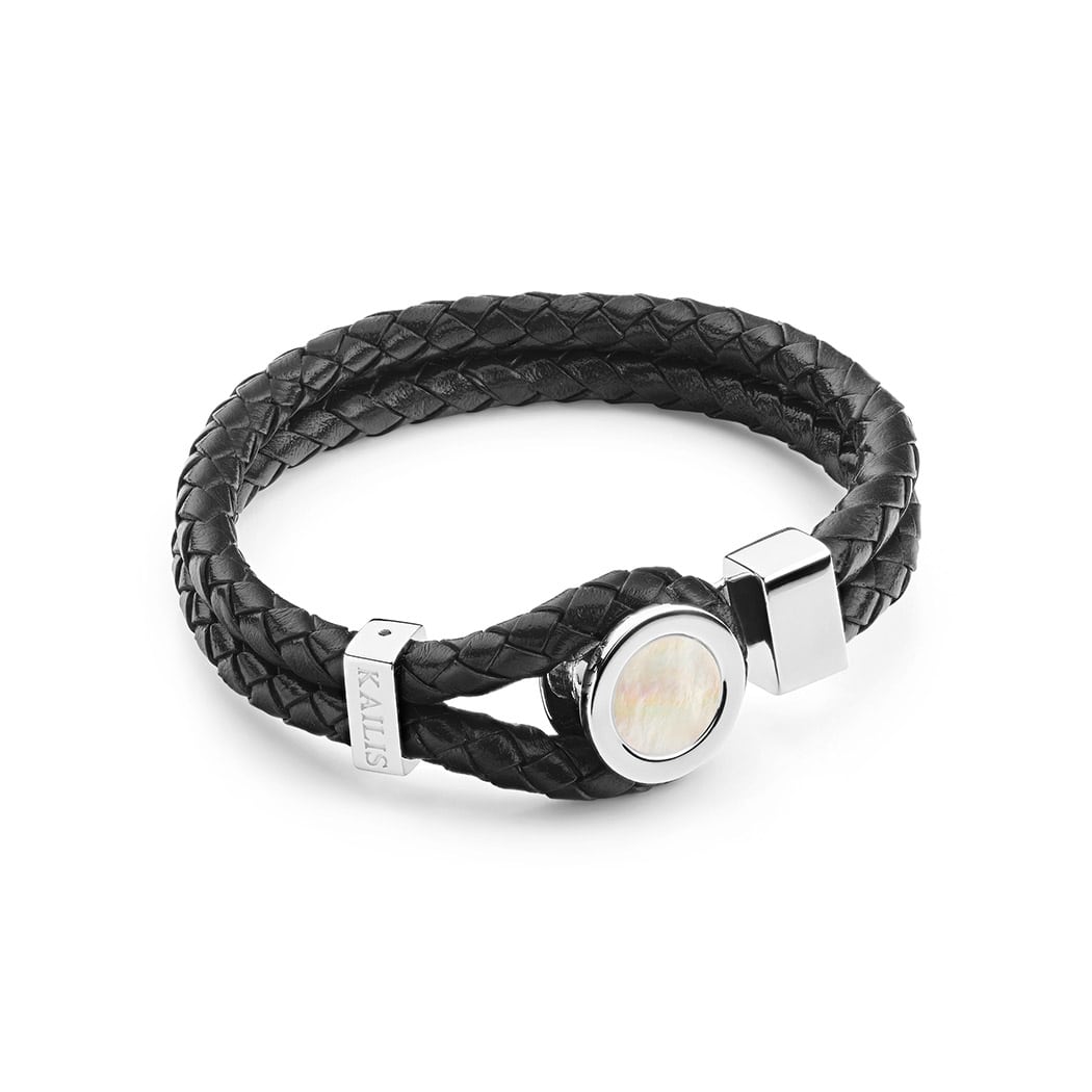 Mother of Pearl Bracelet, Black Leather