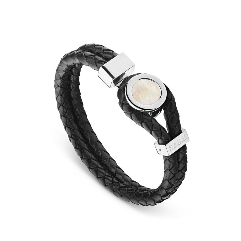 Mother of Pearl Bracelet, Black Leather