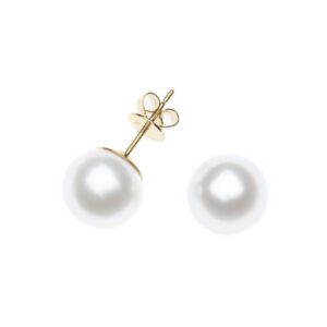 Button Pearl Stud Earrings, Yellow Gold